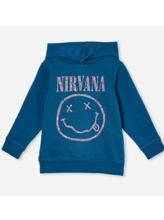 Nirvana Original Floral Face Logo on Blue Sweatshirt Hoodie - Officially Licensed Kids T Shirt