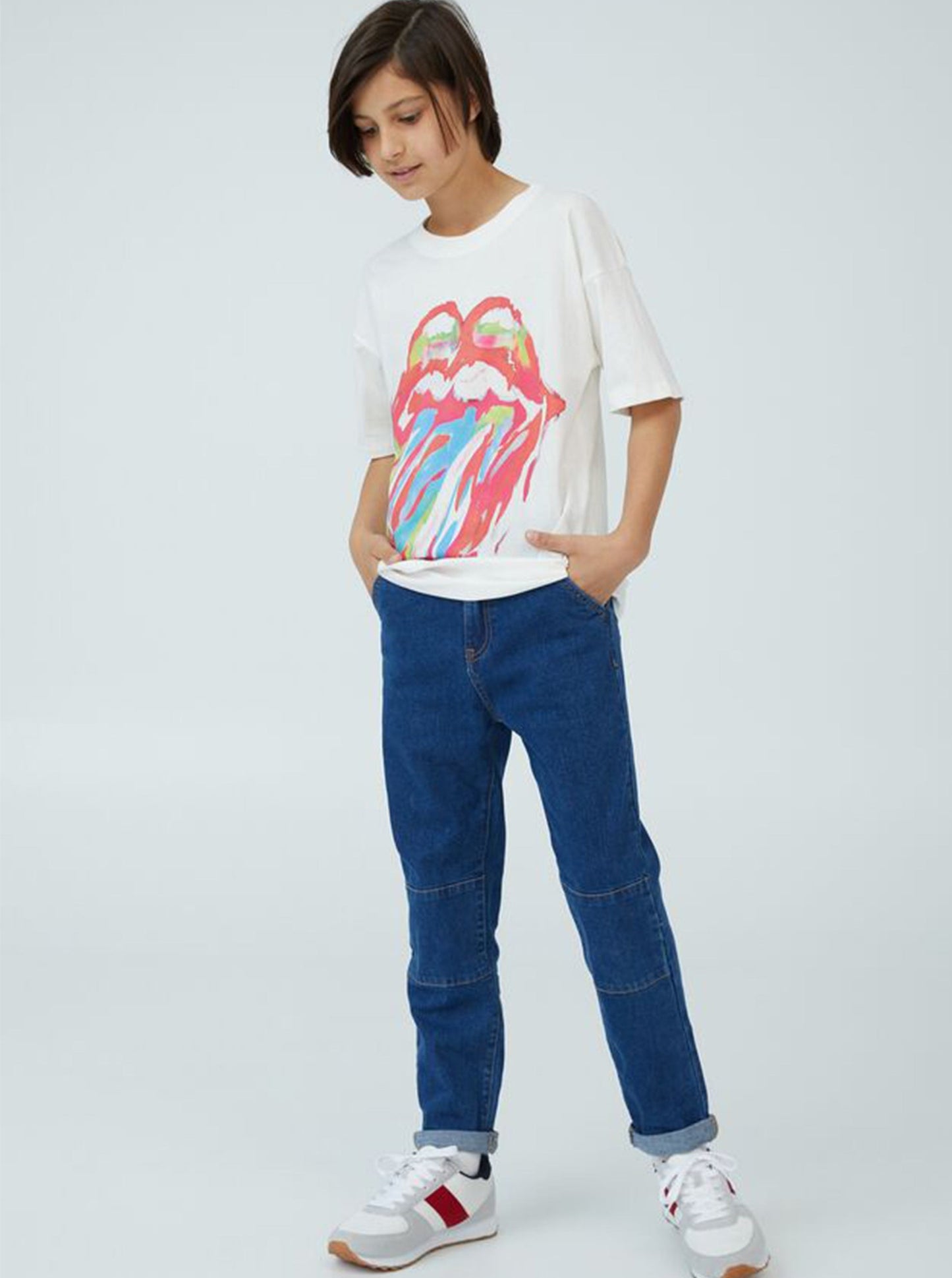 Rolling Stones Light Vanilla Painted Logo Tee Vintage Style - Officially Licensed Kids T Shirt